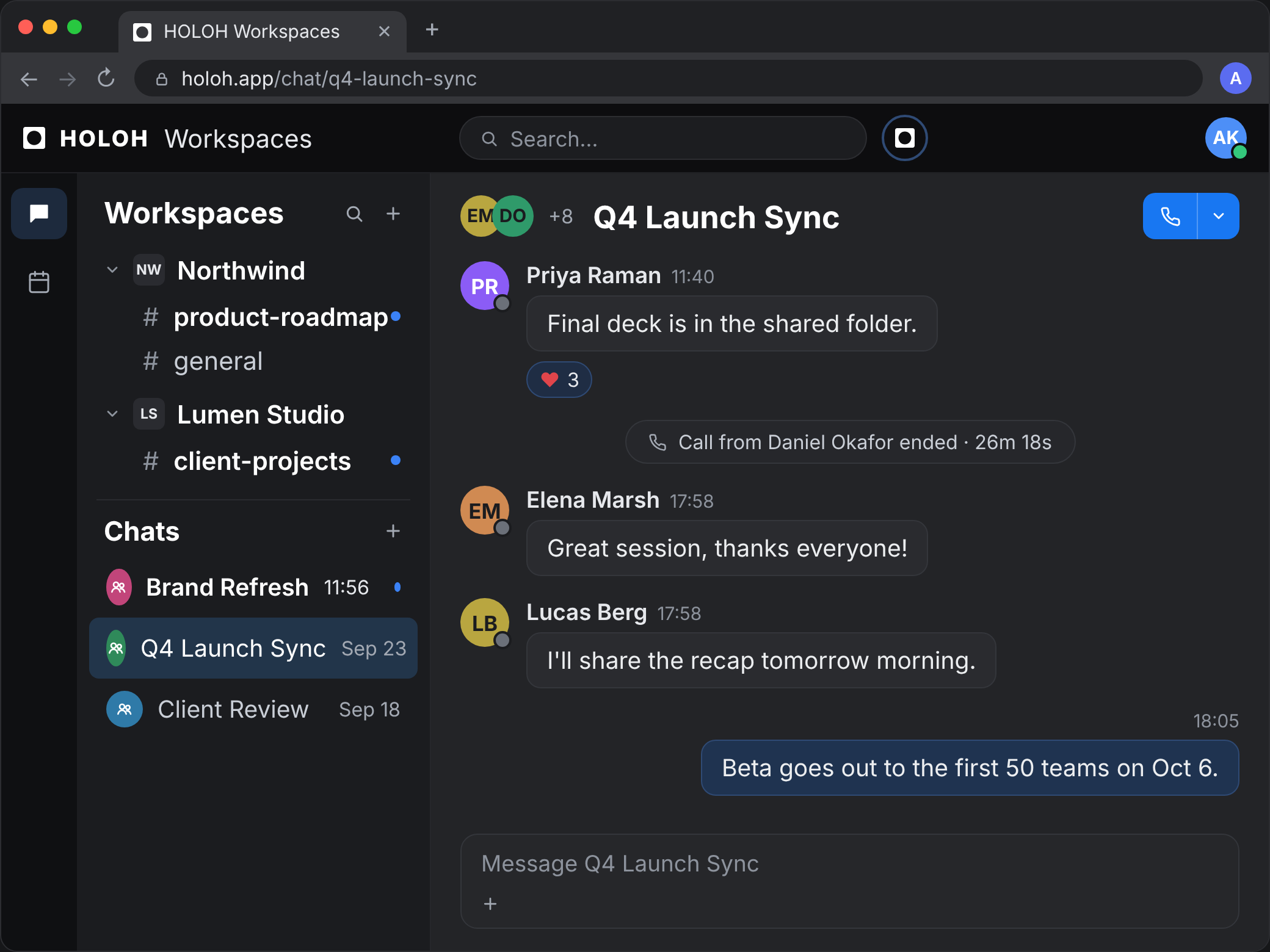 HOLOH Workspaces chat: workspaces with channels in the sidebar and the Q4 Launch Sync conversation with an ended call in the thread