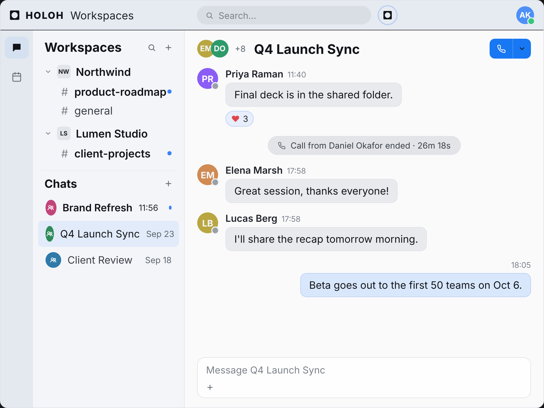 HOLOH Workspaces chat: workspaces with channels in the sidebar and the Q4 Launch Sync conversation with an ended call in the thread