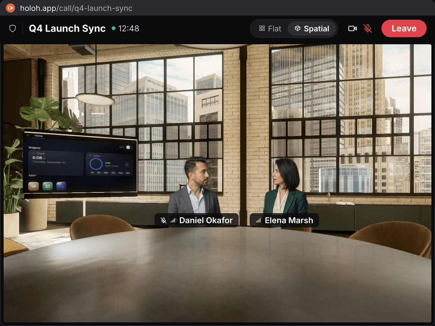 A HOLOH spatial call: two participants seated at a shared table in a 3D office room, with Flat and Spatial view toggle