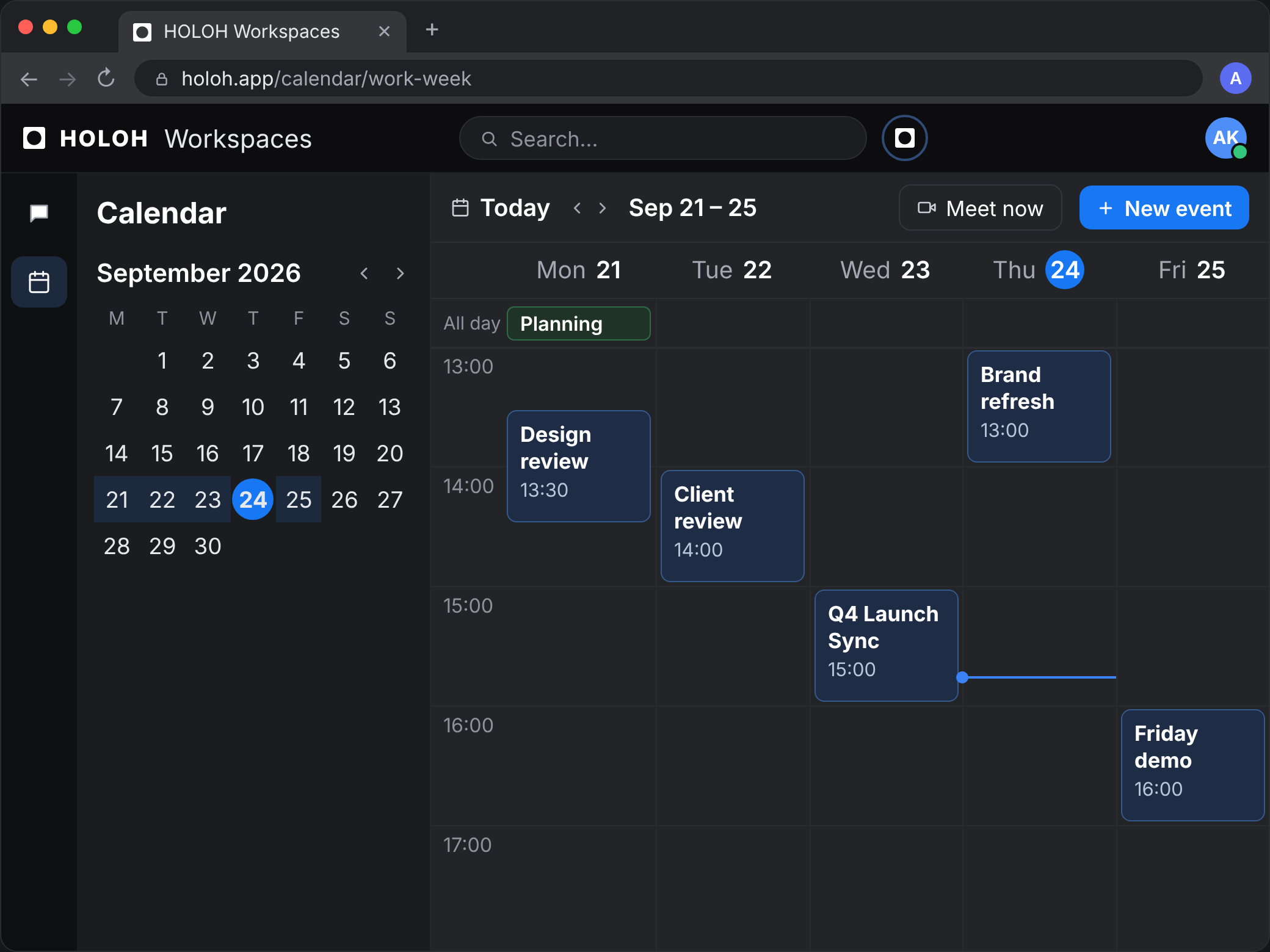HOLOH Workspaces calendar in work-week view with meetings and Meet now / New event controls