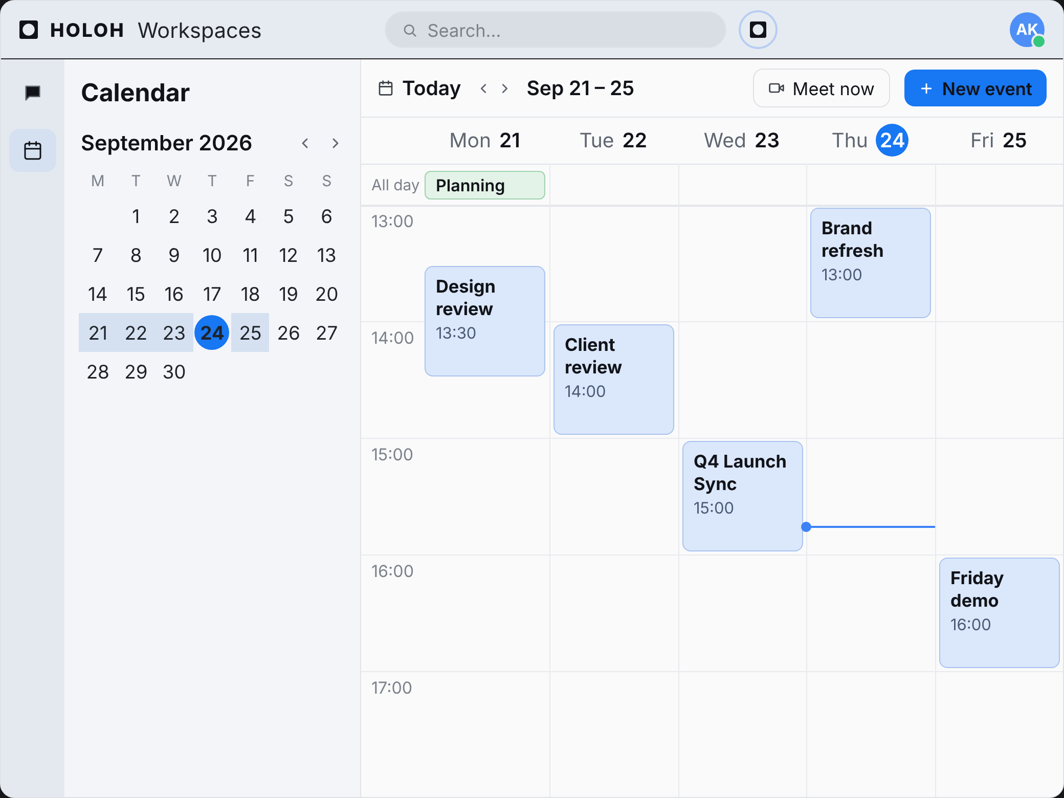HOLOH Workspaces calendar in work-week view with meetings and Meet now / New event controls