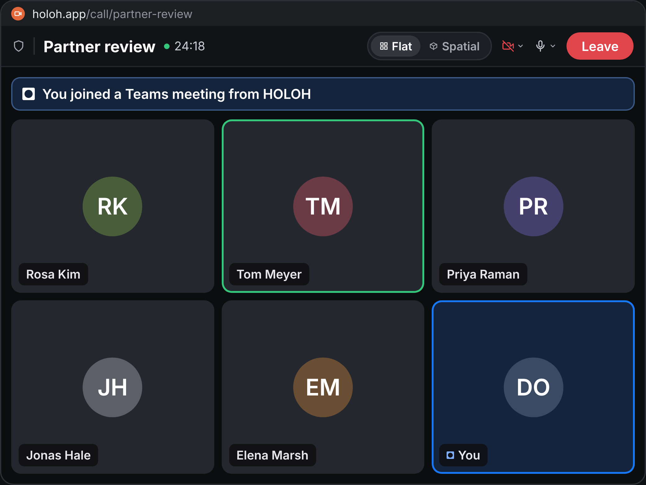 A HOLOH call window inside a Teams meeting, with the participant grid and call controls