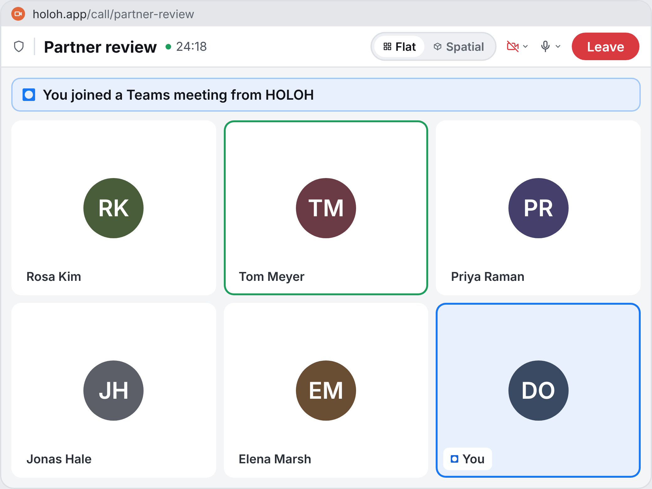 A HOLOH call window inside a Teams meeting, with the participant grid and call controls
